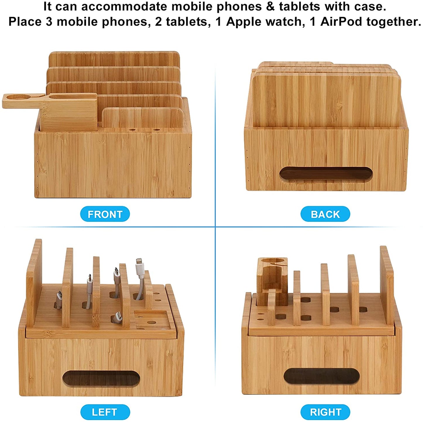 Tekavo ChargeDock Bamboo Charging Station | 5-Port USB Organizer for Phone, Tablet & Smartwatch