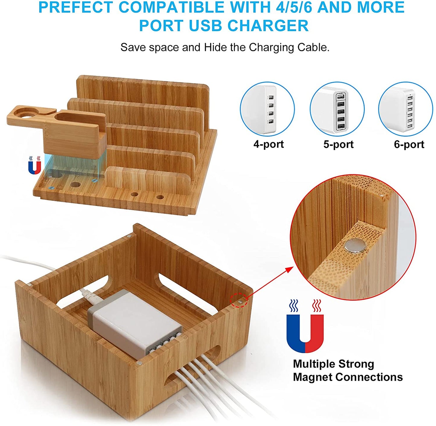 Tekavo ChargeDock Bamboo Charging Station | 5-Port USB Organizer for Phone, Tablet & Smartwatch