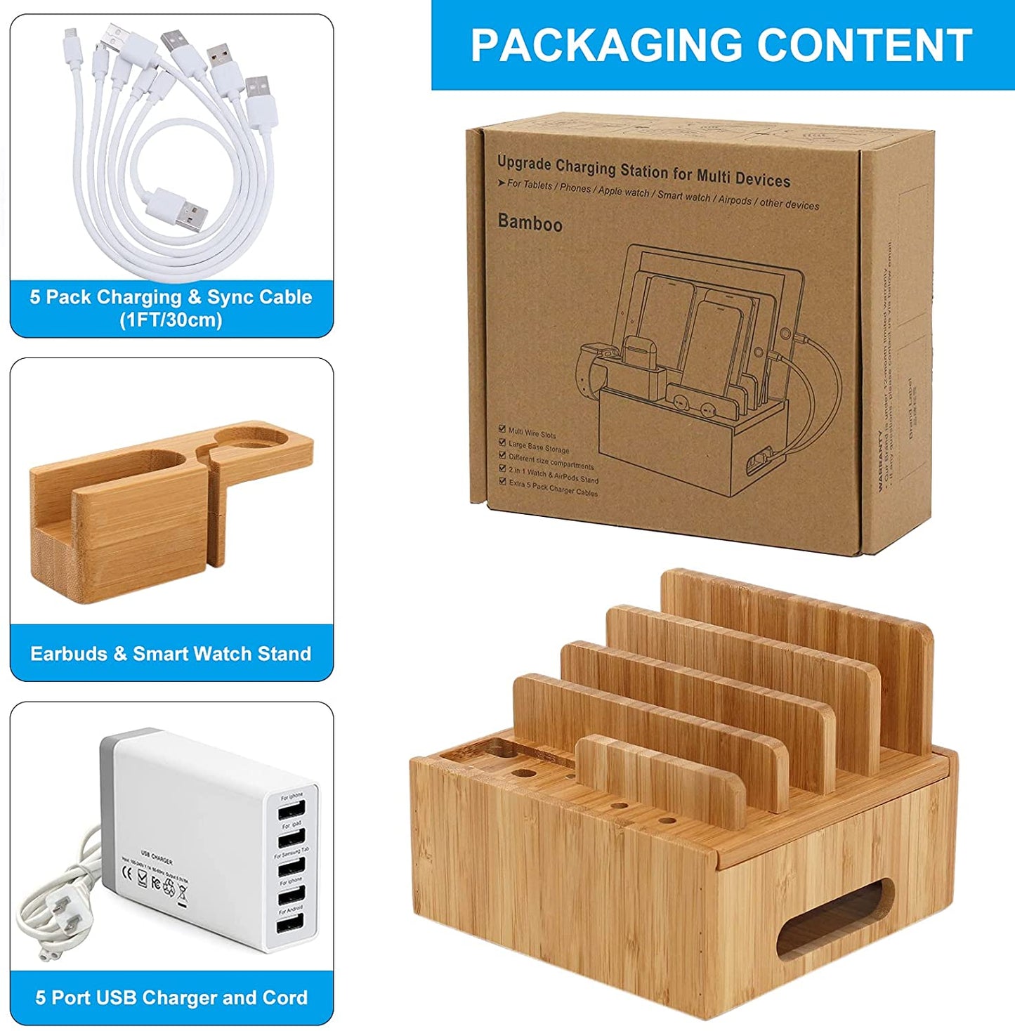 Tekavo ChargeDock Bamboo Charging Station | 5-Port USB Organizer for Phone, Tablet & Smartwatch