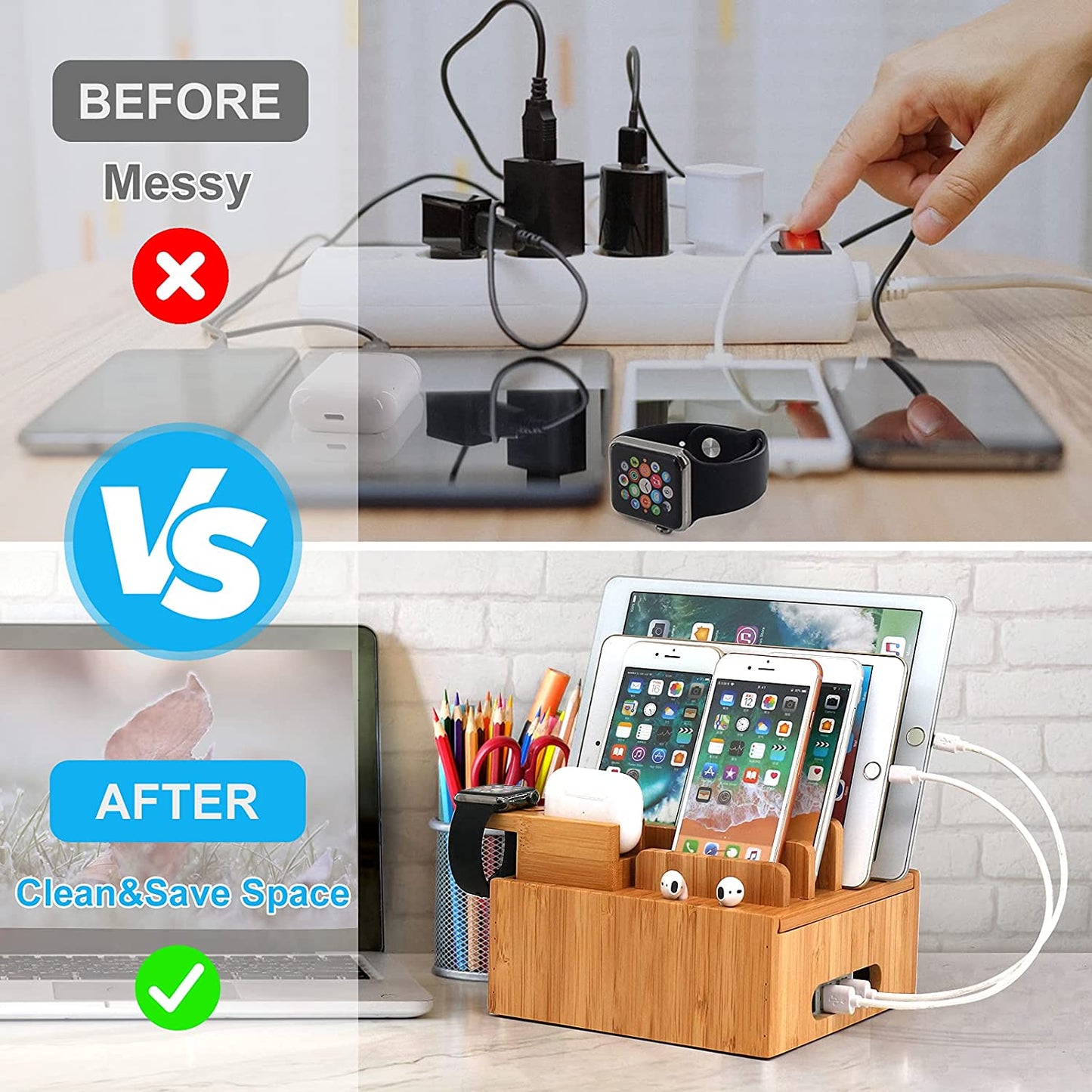 Tekavo ChargeDock Bamboo Charging Station | 5-Port USB Organizer for Phone, Tablet & Smartwatch