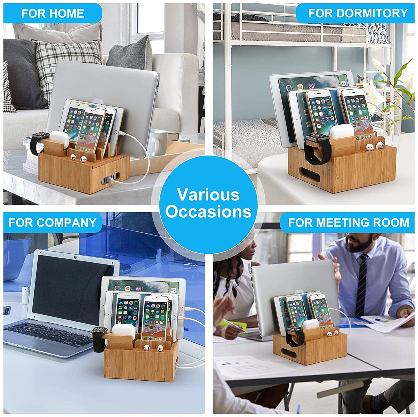 Tekavo ChargeDock Bamboo Charging Station | 5-Port USB Organizer for Phone, Tablet & Smartwatch