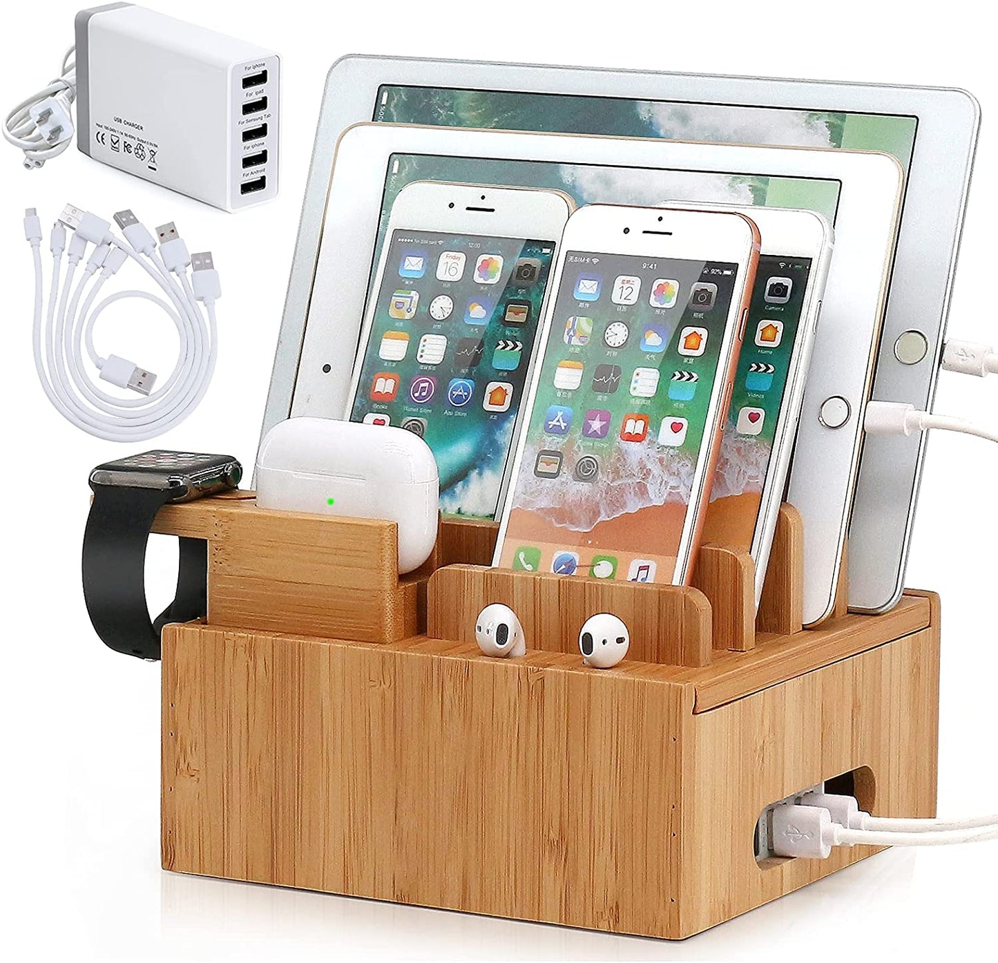 Tekavo ChargeDock Bamboo Charging Station | 5-Port USB Organizer for Phone, Tablet & Smartwatch