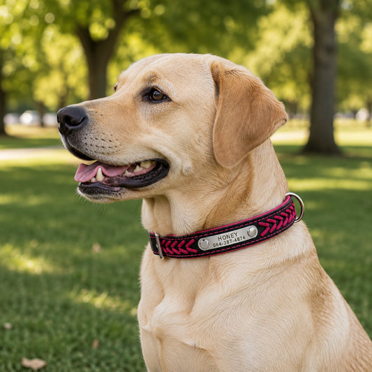 Personalized Pink & Black Dog Collar with Name & Phone Number