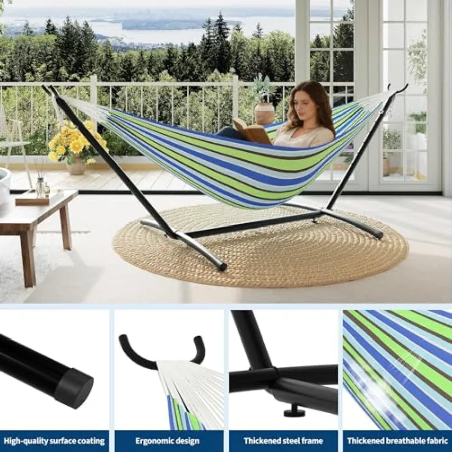 2 Person Hammock with Heavy-Duty Steel Stand – Portable, Space-Saving Double Hammock Set for Indoor & Outdoor Use