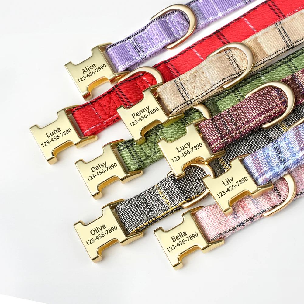 Personalized Plaid Dog Collar with Bow Tie – Custom Name & Phone Number ID Collar