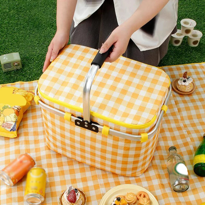 Retro Pastoral Insulated Lunch Basket – Foldable Thermal Cooler Bag for Picnic, Camping, Food & Drink Storage