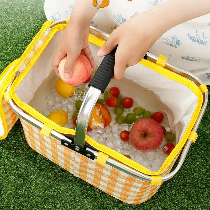 Retro Pastoral Insulated Lunch Basket – Foldable Thermal Cooler Bag for Picnic, Camping, Food & Drink Storage