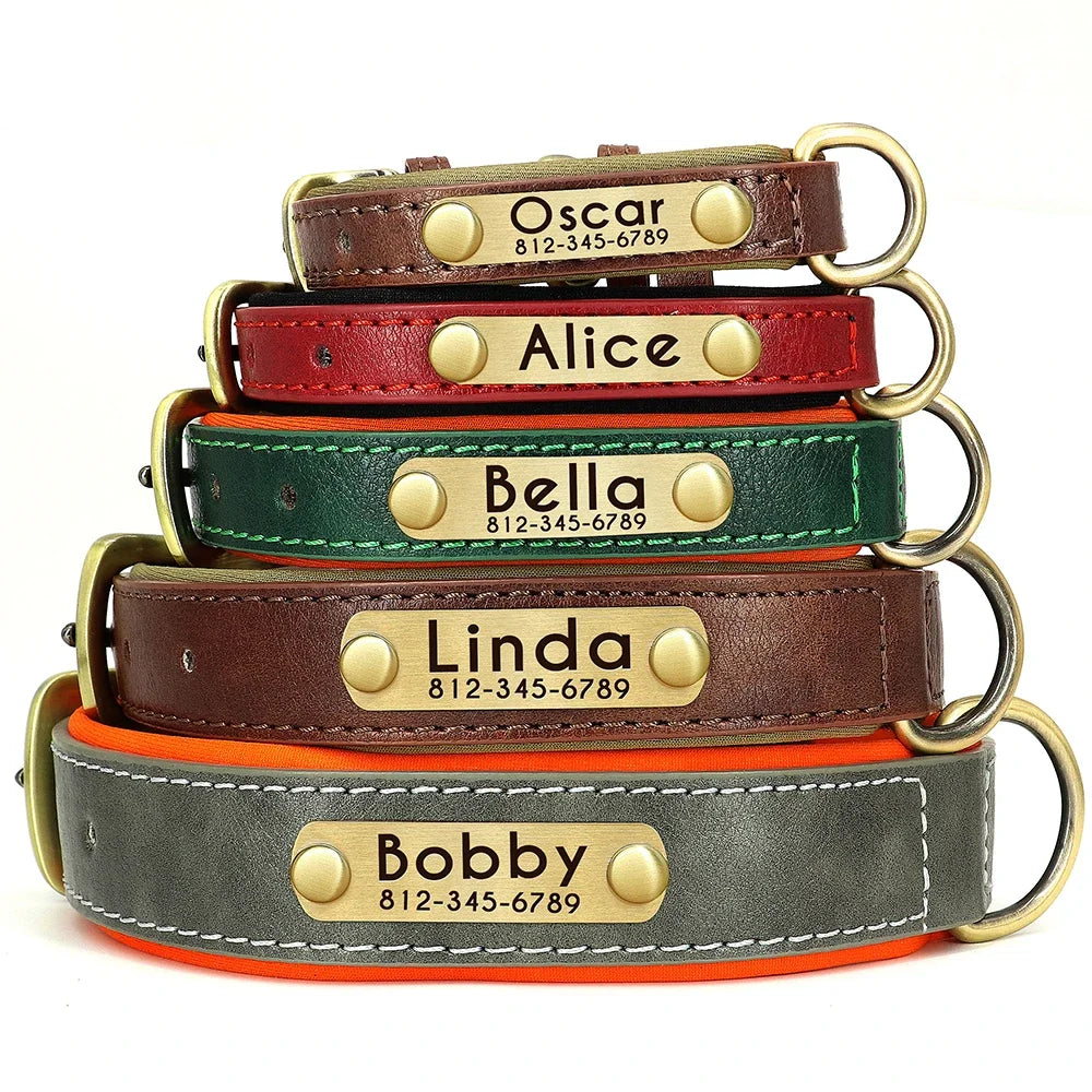 Personalized Green Leather Dog Collar with Name & Phone Number