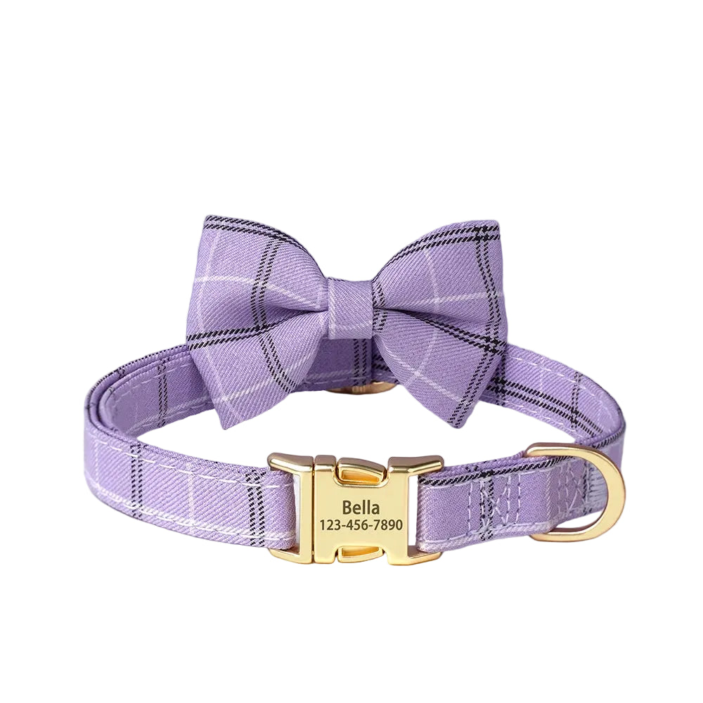 Personalized Plaid Dog Collar with Bow Tie – Custom Name & Phone Number ID Collar