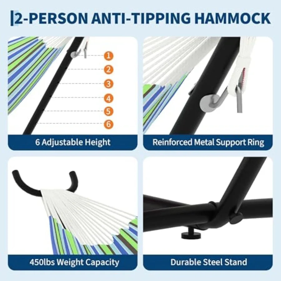 2 Person Hammock with Heavy-Duty Steel Stand – Portable, Space-Saving Double Hammock Set for Indoor & Outdoor Use