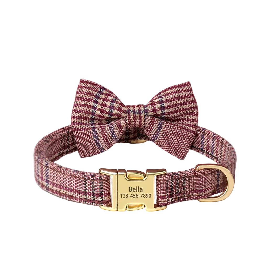 Personalized Plaid Dog Collar with Bow Tie – Custom Name & Phone Number ID Collar