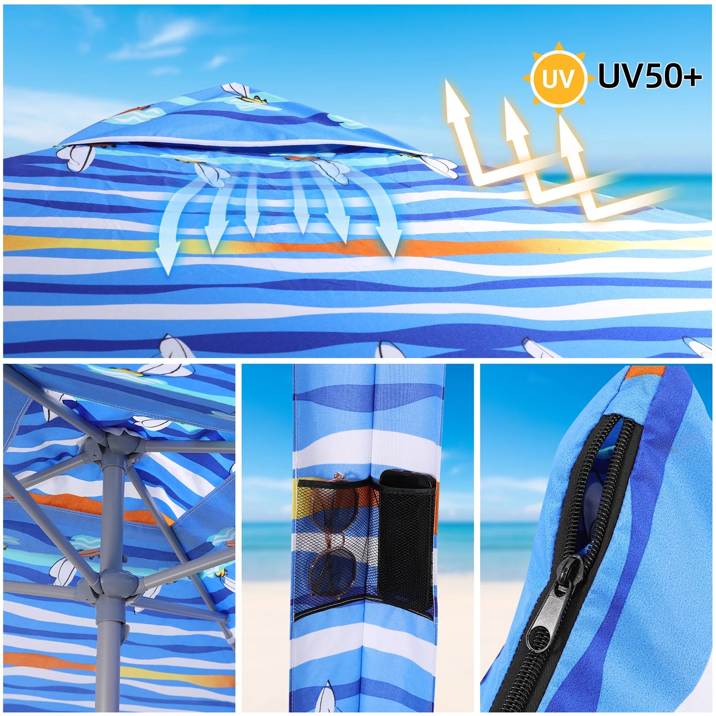 6.2x6.2ft Beach Canopy with Side Wall & Sand Pockets – UPF50+ UV Protection Easy Setup Sun Shelter Tent for Beach & Outdoor Use