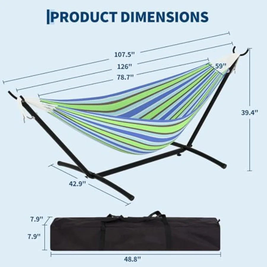 2 Person Hammock with Heavy-Duty Steel Stand – Portable, Space-Saving Double Hammock Set for Indoor & Outdoor Use