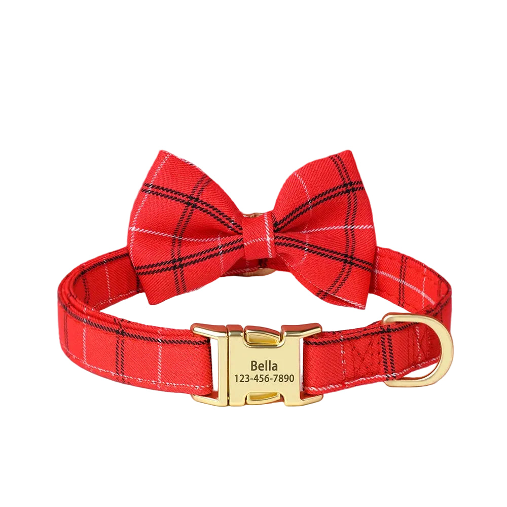 Personalized Plaid Dog Collar with Bow Tie – Custom Name & Phone Number ID Collar