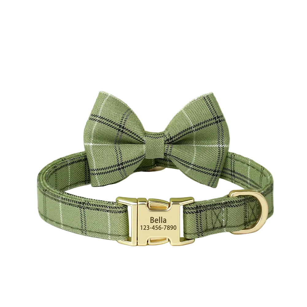 Personalized Plaid Dog Collar with Bow Tie – Custom Name & Phone Number ID Collar