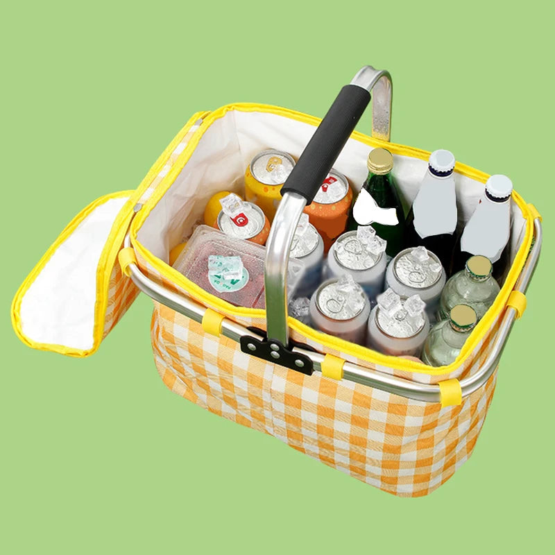 Retro Pastoral Insulated Lunch Basket – Foldable Thermal Cooler Bag for Picnic, Camping, Food & Drink Storage