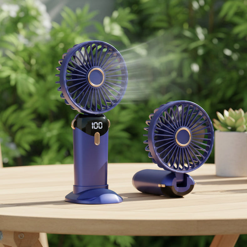 Handheld Mini Fan 3000mAh – Foldable 5-Speed USB Rechargeable Desk & Neck Fan with Phone Stand & Display Screen