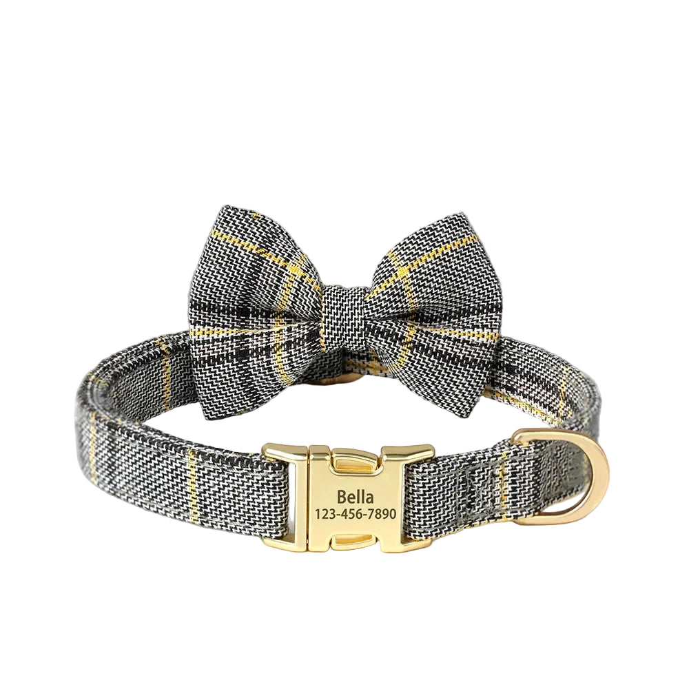 Personalized Plaid Dog Collar with Bow Tie – Custom Name & Phone Number ID Collar