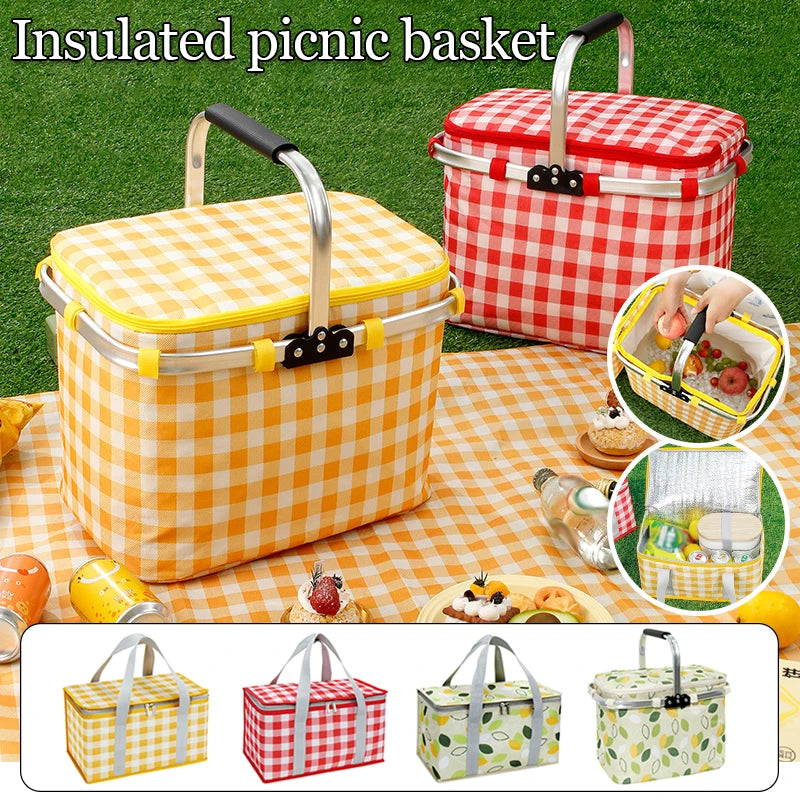 Retro Pastoral Insulated Lunch Basket – Foldable Thermal Cooler Bag for Picnic, Camping, Food & Drink Storage