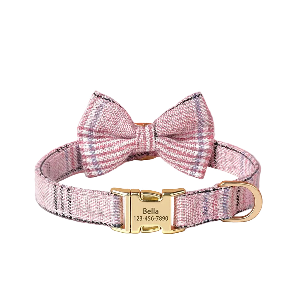 Personalized Plaid Dog Collar with Bow Tie – Custom Name & Phone Number ID Collar
