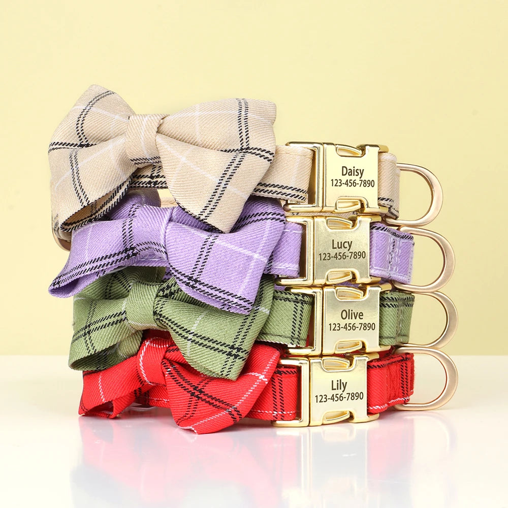 Personalized Plaid Dog Collar with Bow Tie – Custom Name & Phone Number ID Collar