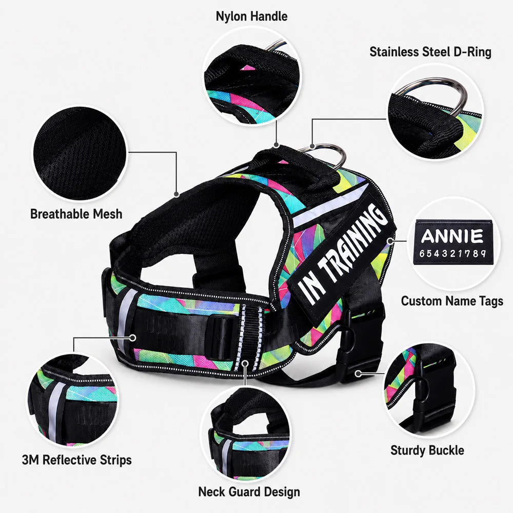 Personalized No Pull Dog Harness - Custom Printed Name Patch & Phone Number