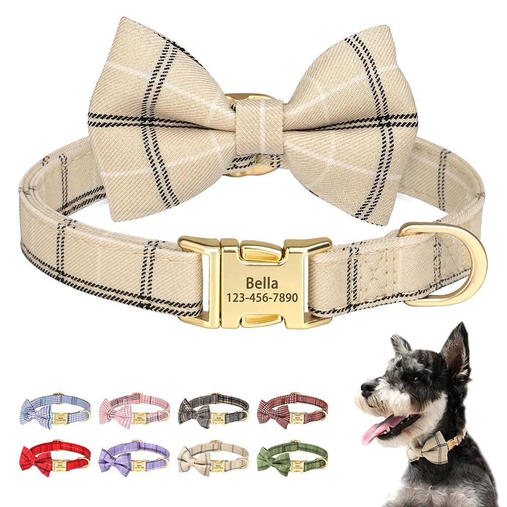 Personalized Plaid Dog Collar with Bow Tie – Custom Name & Phone Number ID Collar