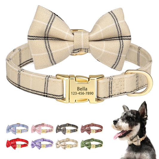 Personalized Plaid Dog Collar with Bow Tie – Custom Name & Phone Number ID Collar