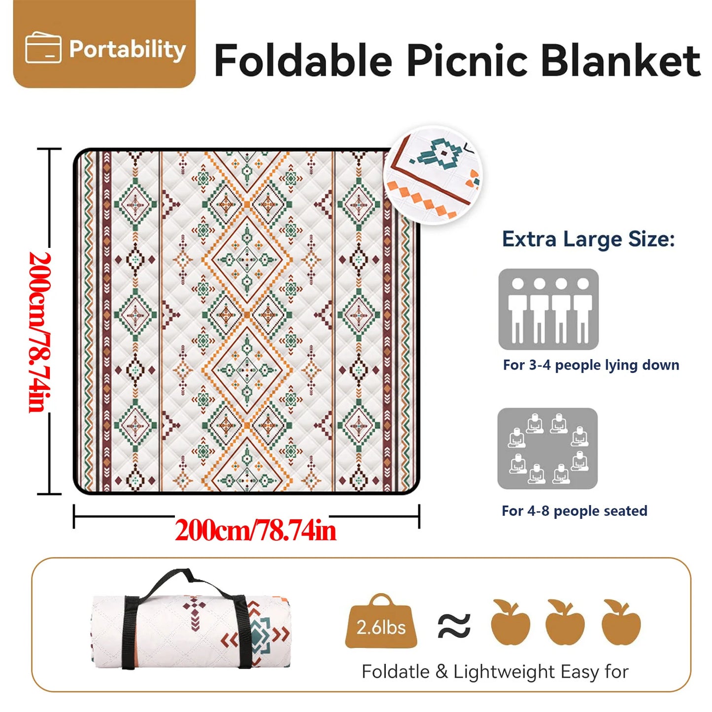 200x200cm Waterproof Thickened Picnic Blanket – Large Sandproof Foldable Beach & Camping Mat with Carry Handle