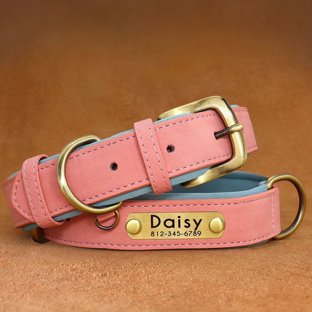 Personalized Green Leather Dog Collar with Name & Phone Number