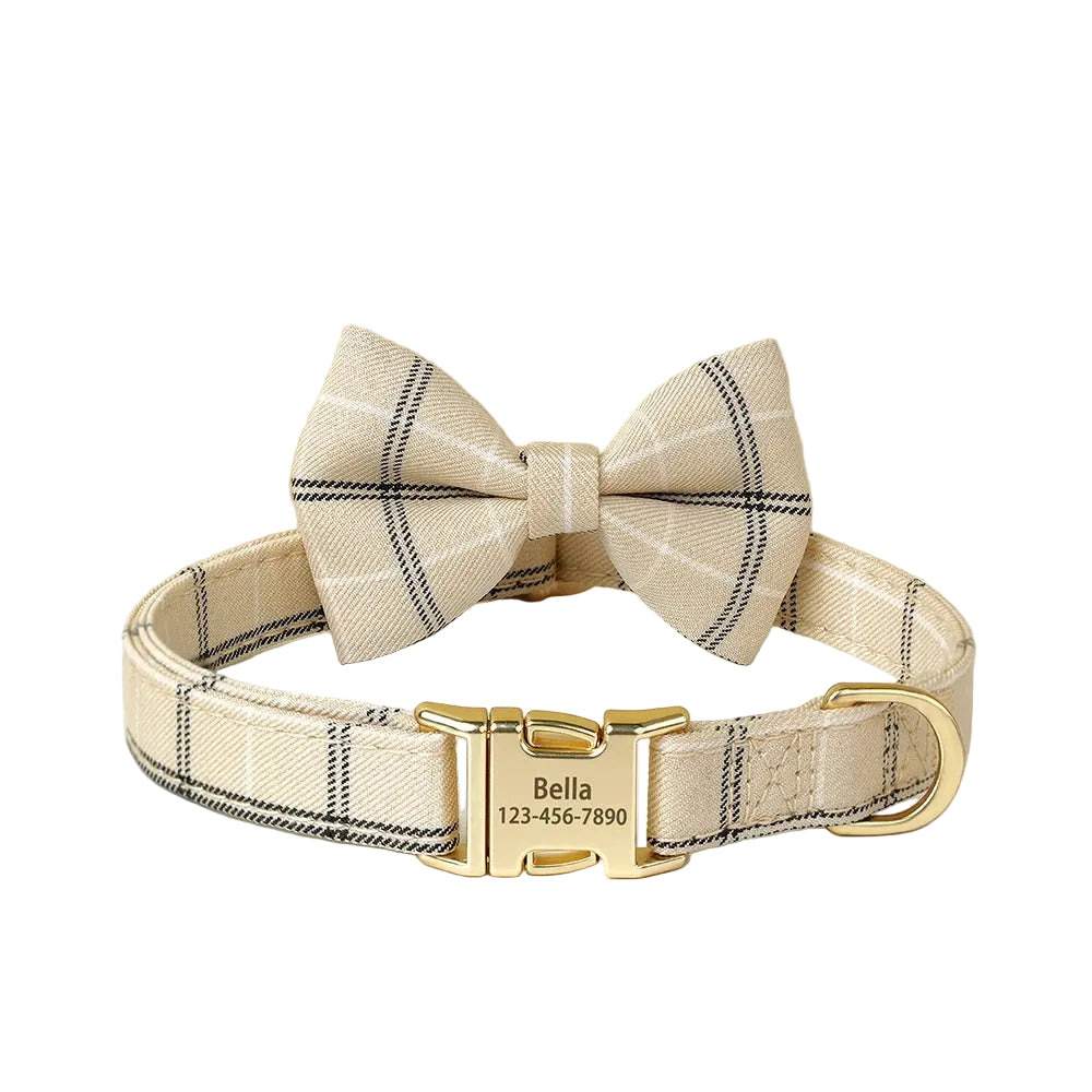 Personalized Plaid Dog Collar with Bow Tie – Custom Name & Phone Number ID Collar