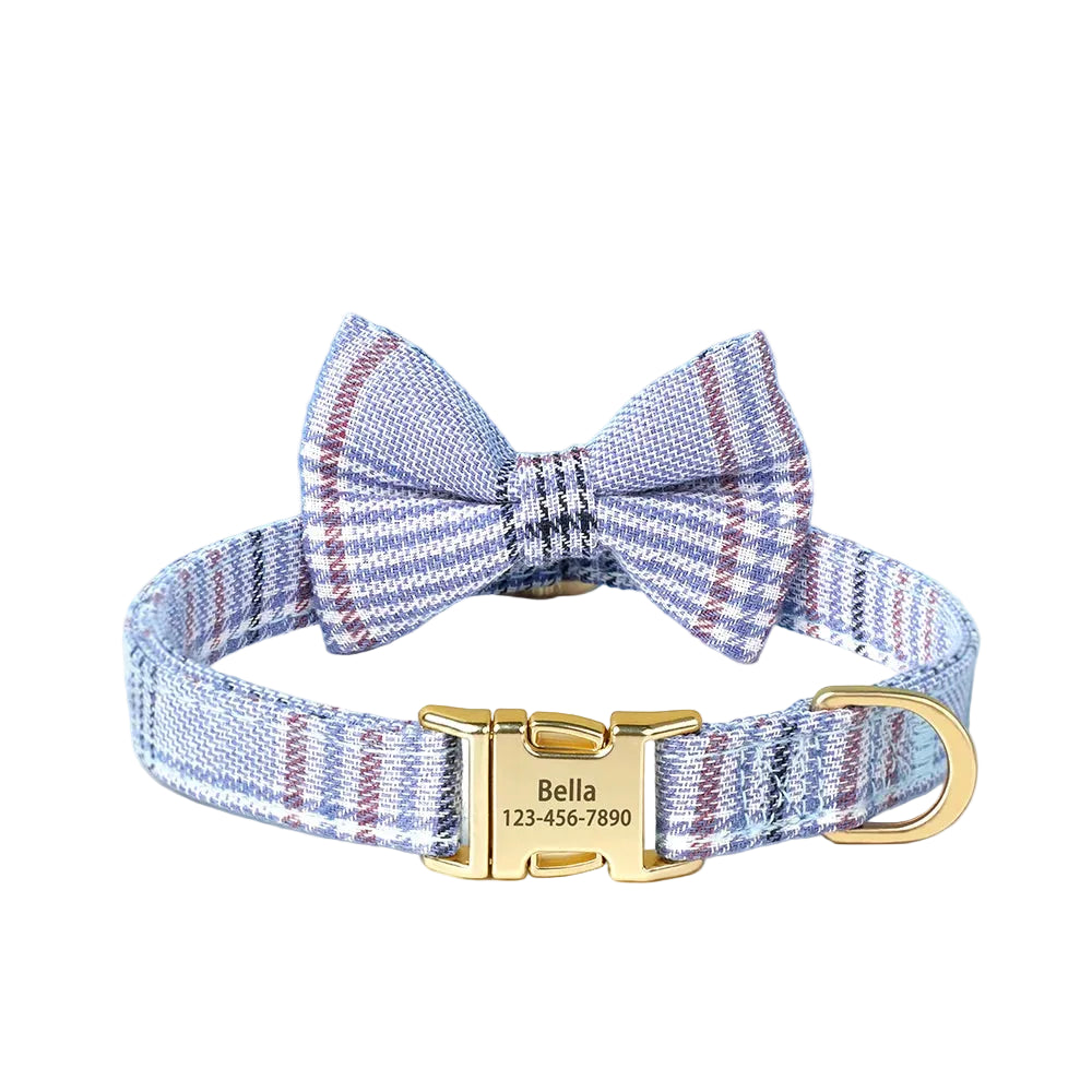 Personalized Plaid Dog Collar with Bow Tie – Custom Name & Phone Number ID Collar