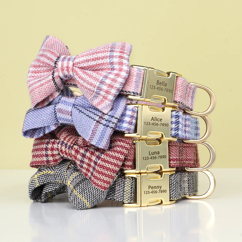Personalized Plaid Dog Collar with Bow Tie – Custom Name & Phone Number ID Collar