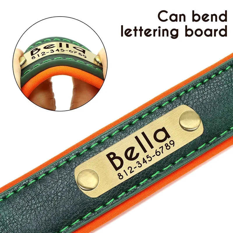 Personalized Green Leather Dog Collar with Name & Phone Number
