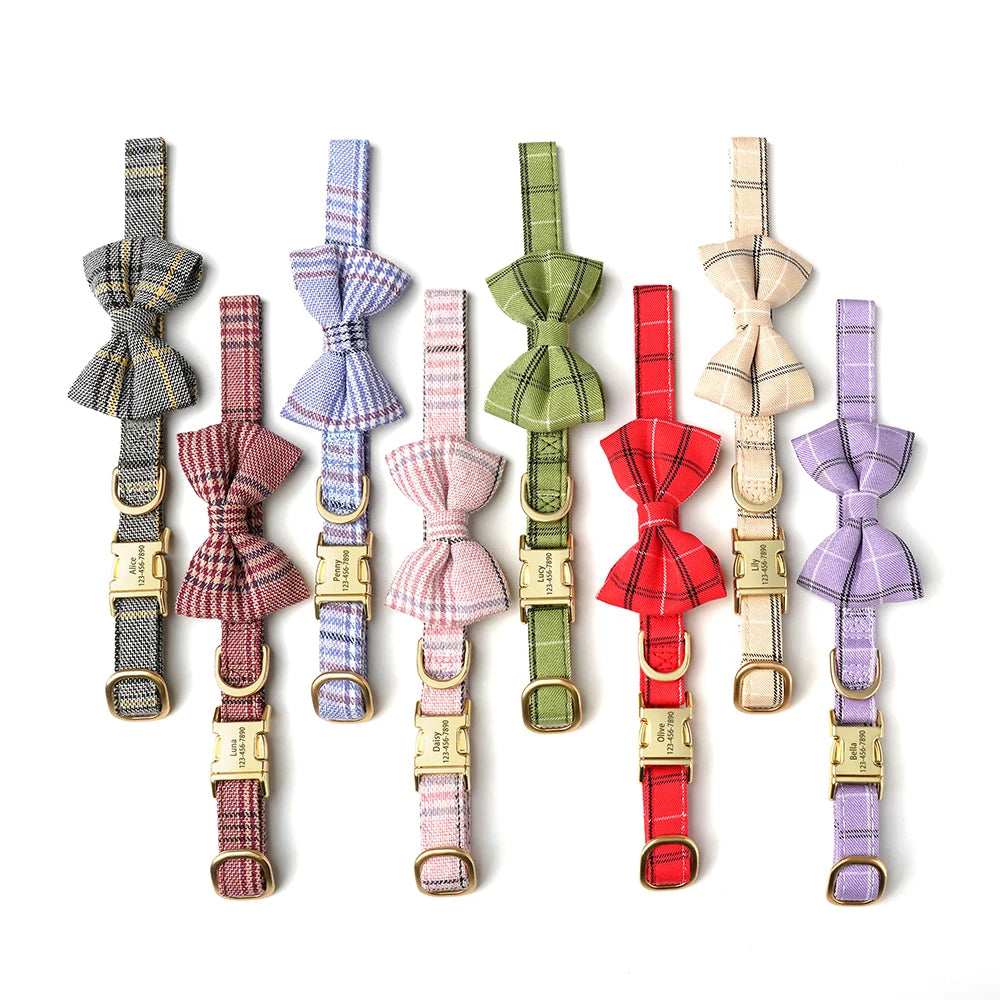 Personalized Plaid Dog Collar with Bow Tie – Custom Name & Phone Number ID Collar