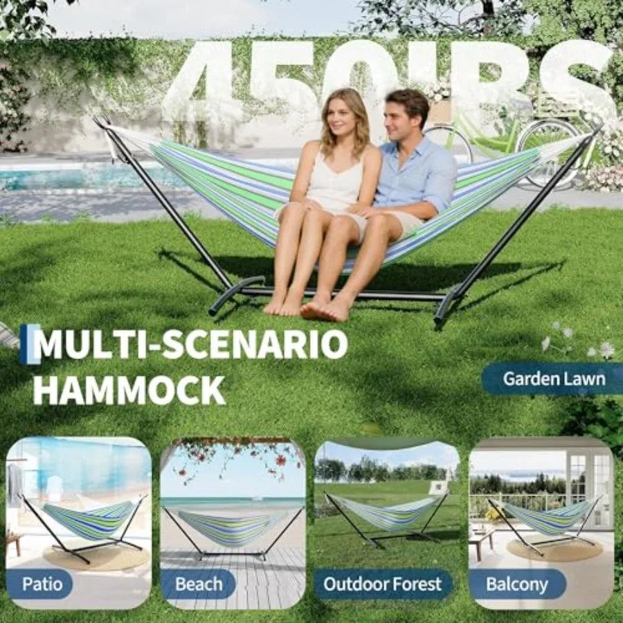 2 Person Hammock with Heavy-Duty Steel Stand – Portable, Space-Saving Double Hammock Set for Indoor & Outdoor Use