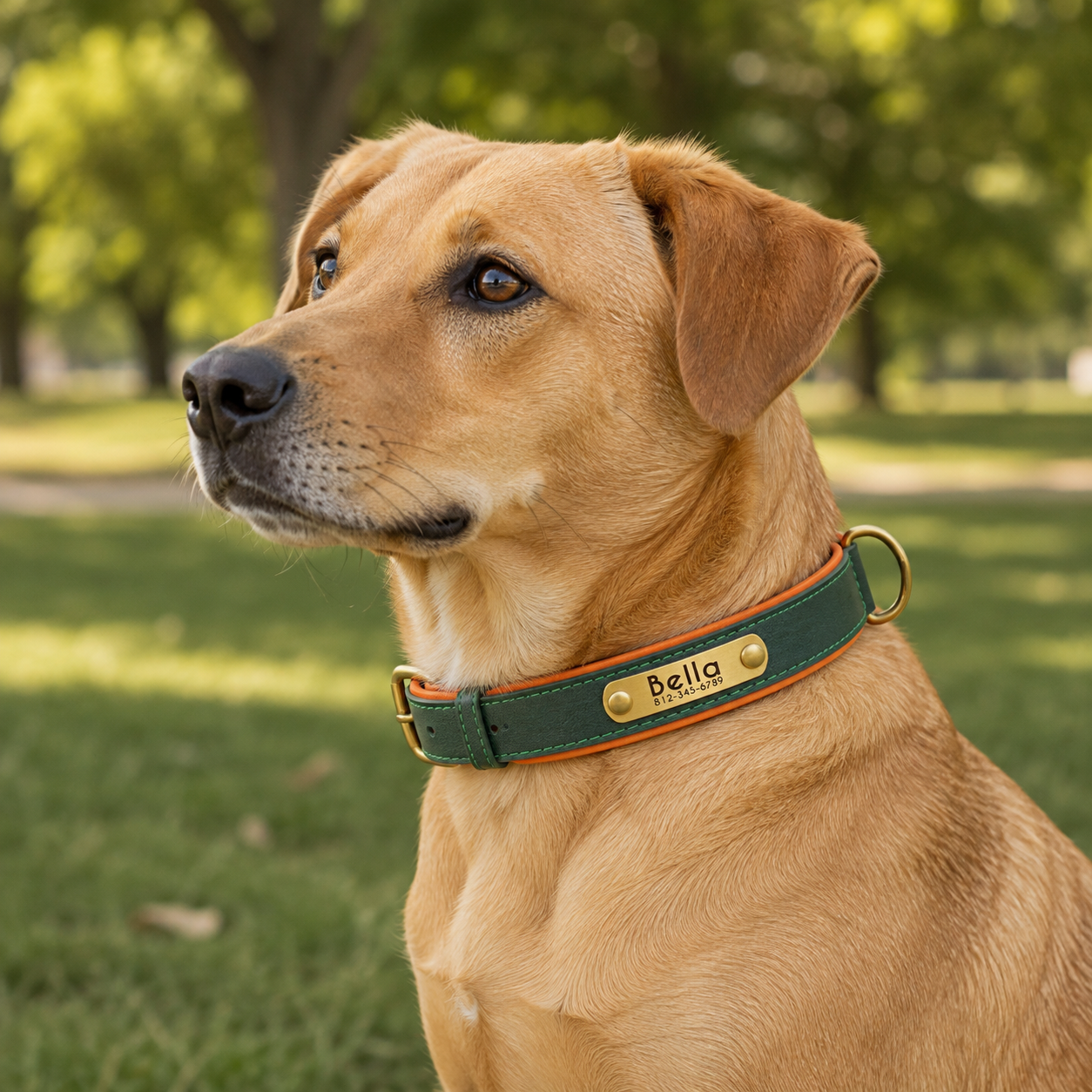 Personalized Green Leather Dog Collar with Name & Phone Number