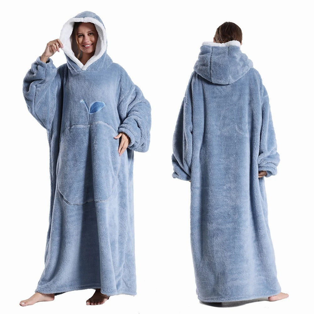 Extra Long Wearable Blanket Winter Flannel Hooded Blanket