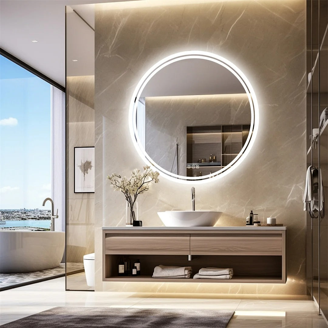 Round LED Smart Bathroom Mirror Wall-Mounted Touch Screen