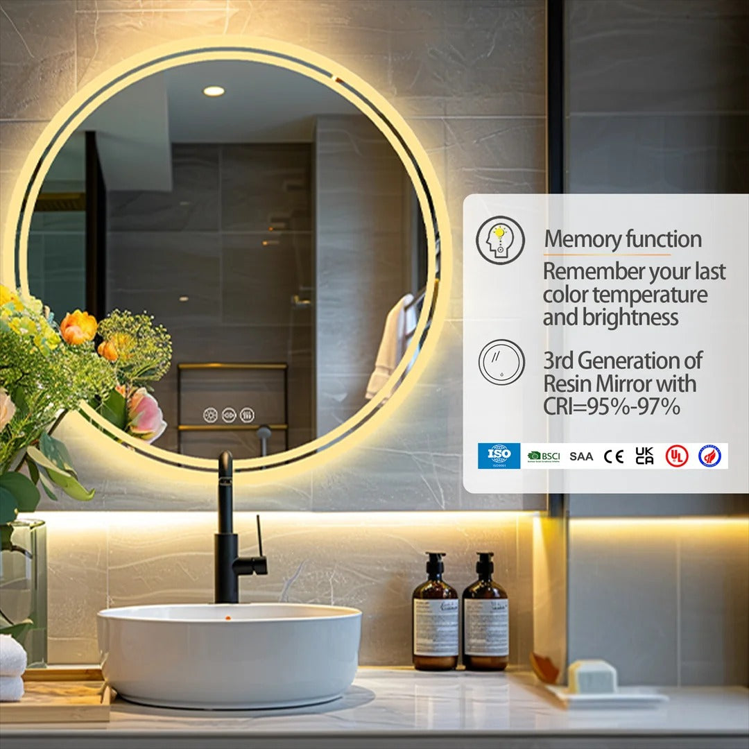 Round LED Smart Bathroom Mirror Wall-Mounted Touch Screen